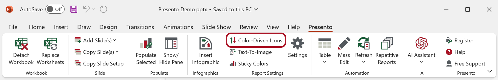 Color Driven Icons in the Presento Ribbon Tab
